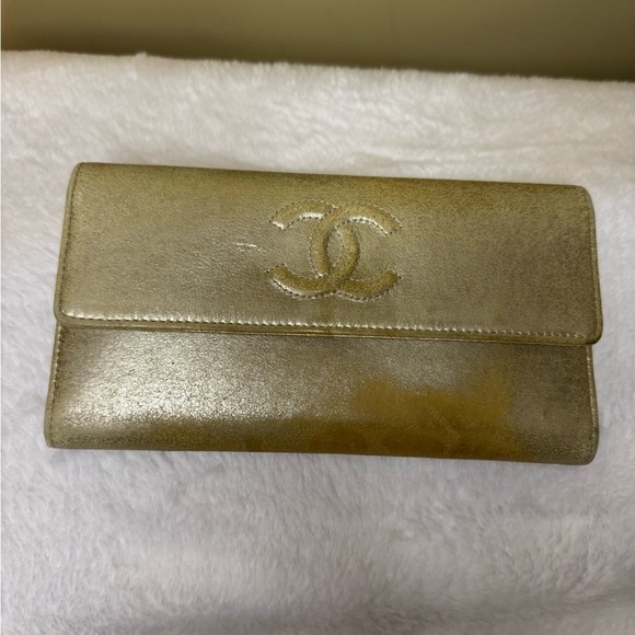 Chanel Gold Metallic Snap Flap Wallet with Auth Sticker - Picture 1 of 9
